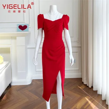 אופנה אלגנטית קיץ נשים שמלה אדומה קצרה השרוול V-צוואר-אמצע אורך קוקטייל ערב קוקטייל שמלות ארוכות תלבושות הבמה.