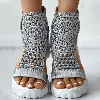 אופנה סנדלי נשים ארוגים וודג סנדלים סרוגים אלסטי נעלי קיץ רשת שטוח סנדלי הולו נשים, נעלי פלטפורמה