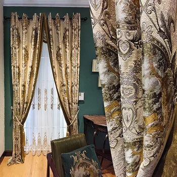 קלאסית בסגנון אירופאי אקארד וילונות האפלה לחיים חדר אוכל חדר השינה משי רקומים זהב שמפניה צבע הוילון.