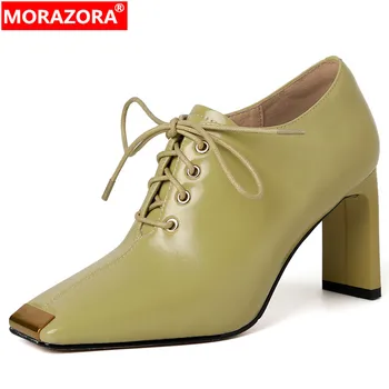MORAZORA 2023 חדש בוהן מרובע עור אמיתי נעלי נשים סקסיות תחרה עד נעלי יחיד עבה עקבים גבוהים נשים משאבות