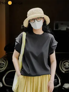 HanOrange 2023 קיץ מקופלת שרוול קצר חולצה שרוול נשים רופף מזדמן העליון Tees נקבה שחור/צהוב מנגו